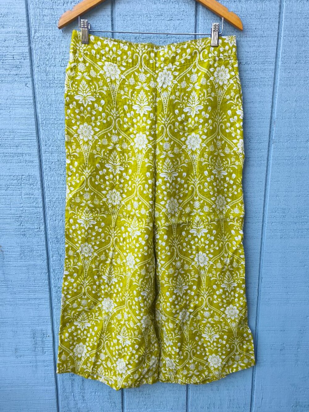 Joie 100% Linen Wide Leg Floral Pull On Elastic Waist Pants sz L Green Ivory